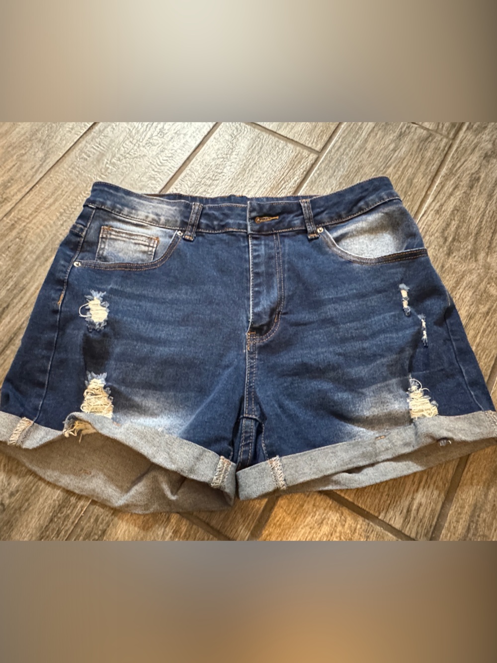 Denim Distressed Roll-Cuff Women's Shorts - Dark Blue